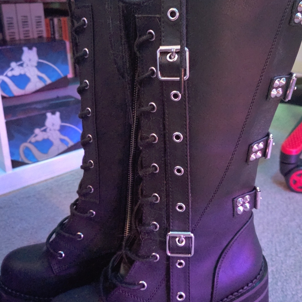 Demonia Black Combat Moto Boots with Buckle Straps - Picture 1 of 2